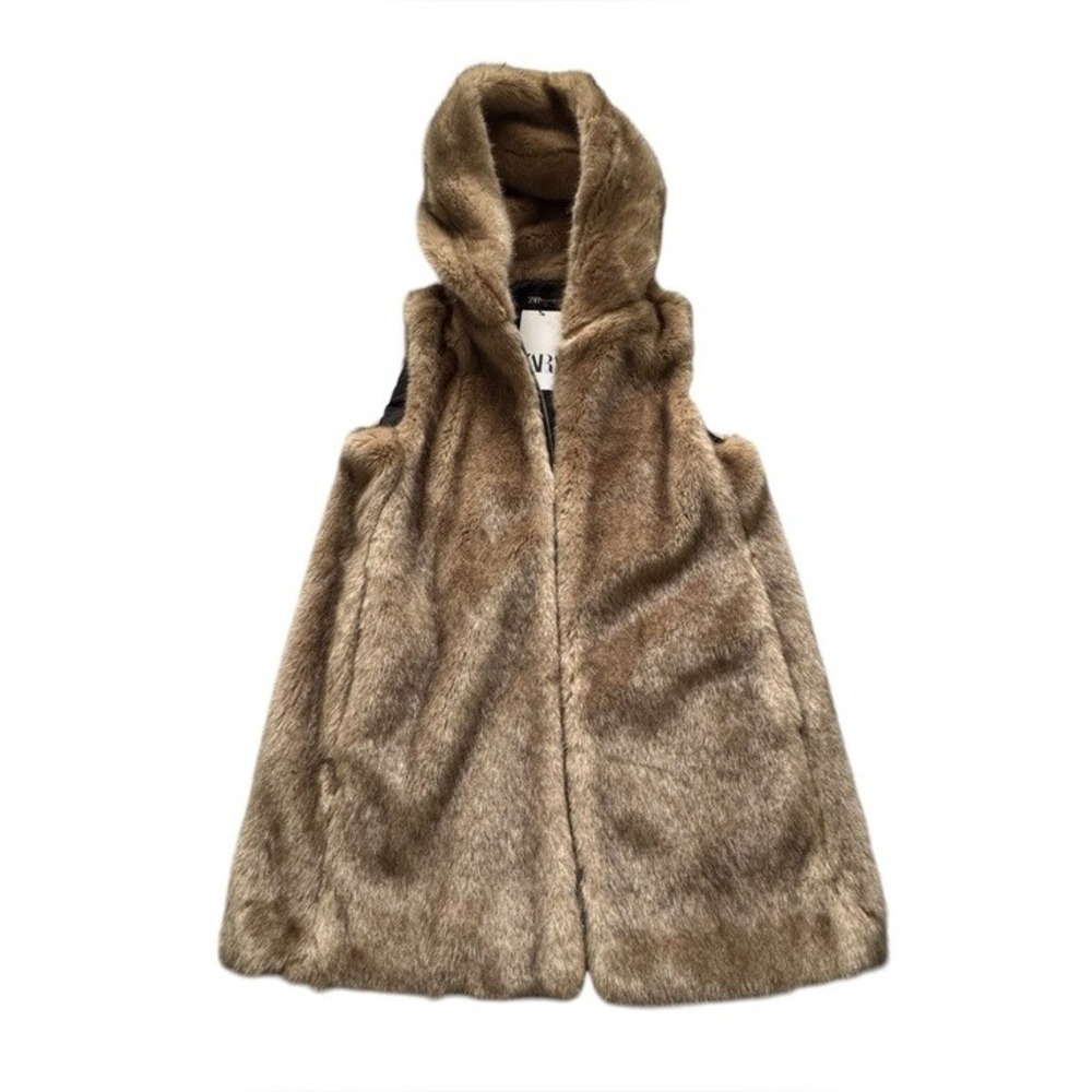 Zara Light Brown Tan Hooded Faux Fur Teddy Vest Zip up Pocket Size Medium - Picture 6 of 12